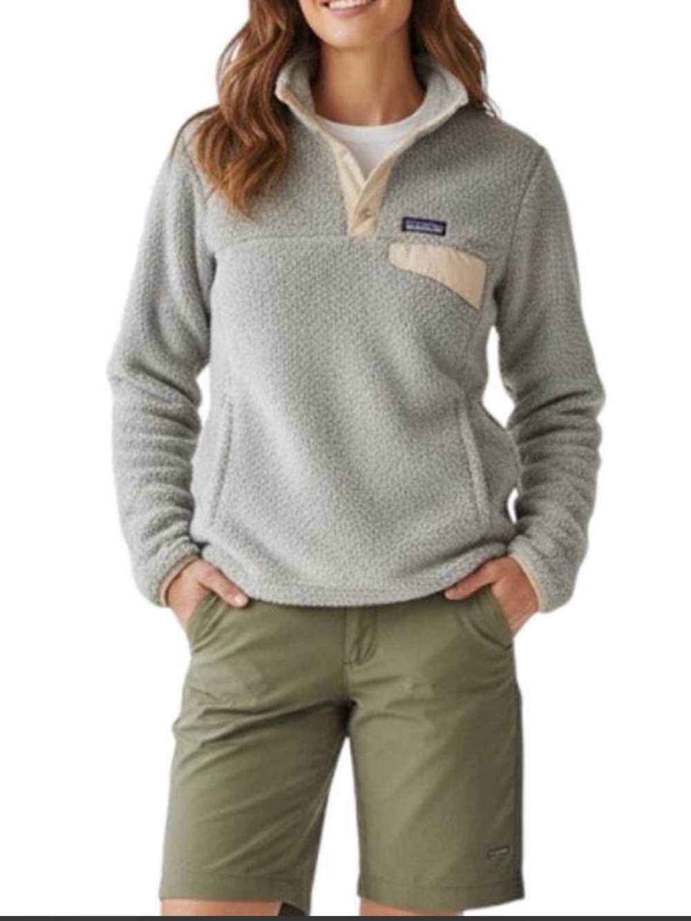 Patagonia Re-Tool Snap-T Fleece Grey Cream Outdoors Hiking Jacket Large